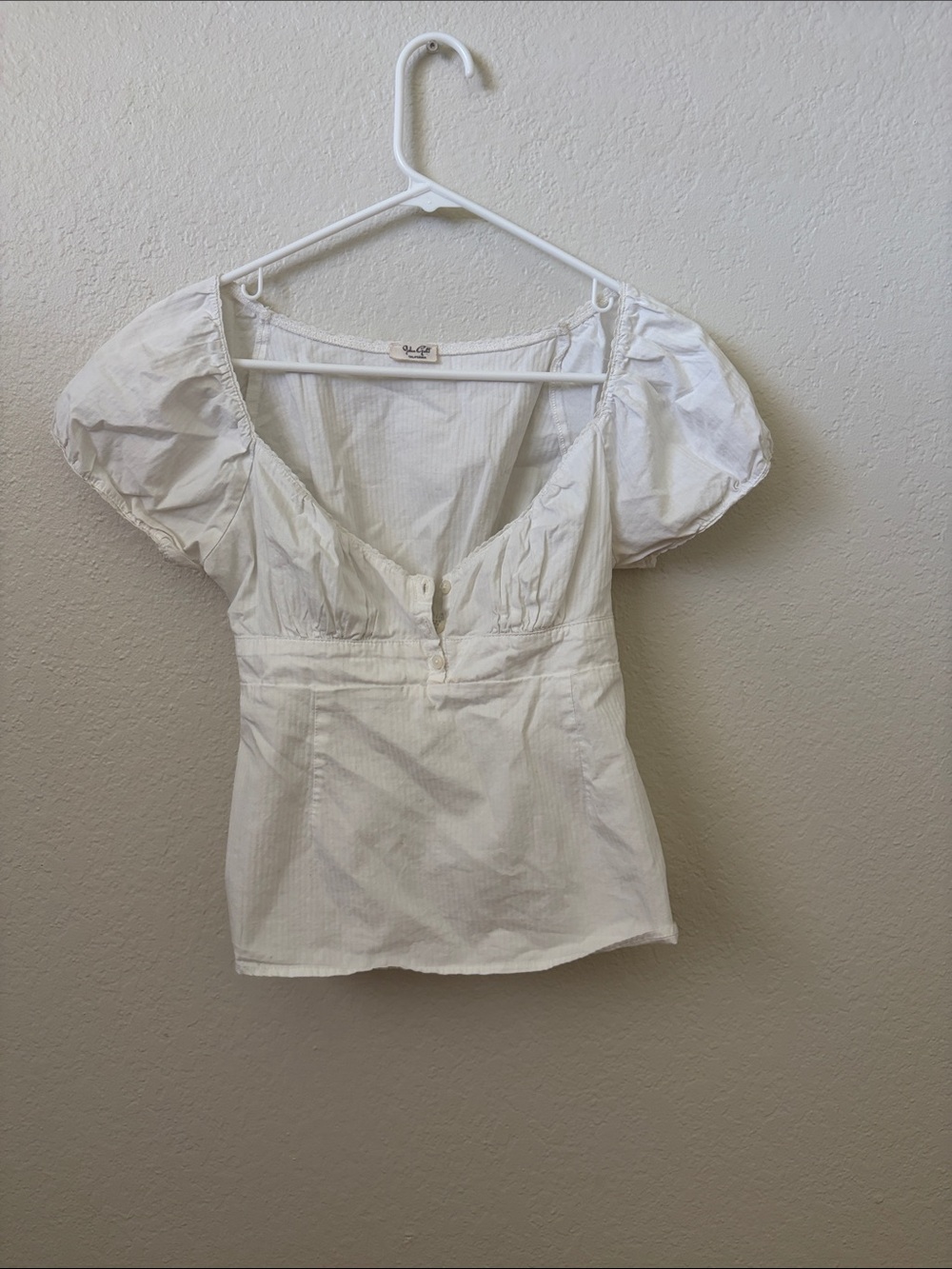Brandy Melville White Puff-Sleeve V-Neck Button Front Top